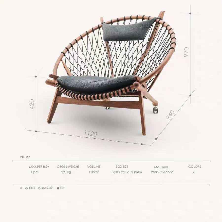 A stylish lounge chair featuring a circular wooden frame, a woven rope backrest, and dark grey fabri… — free OBJ 3D model