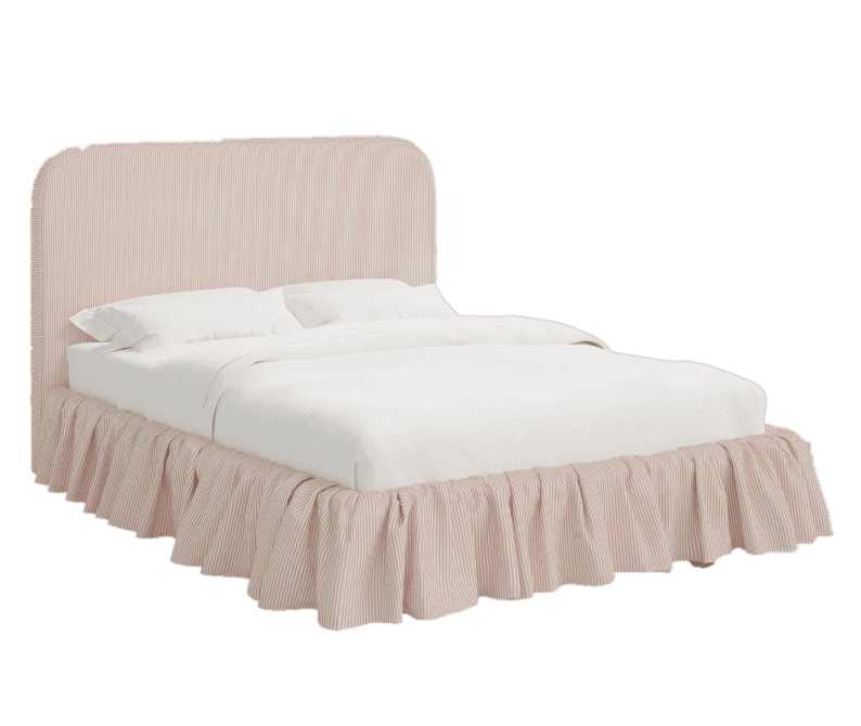 A fully upholstered platform bed featuring a rounded headboard and a ruffled bed skirt. The entire f… — free SKP 3D model