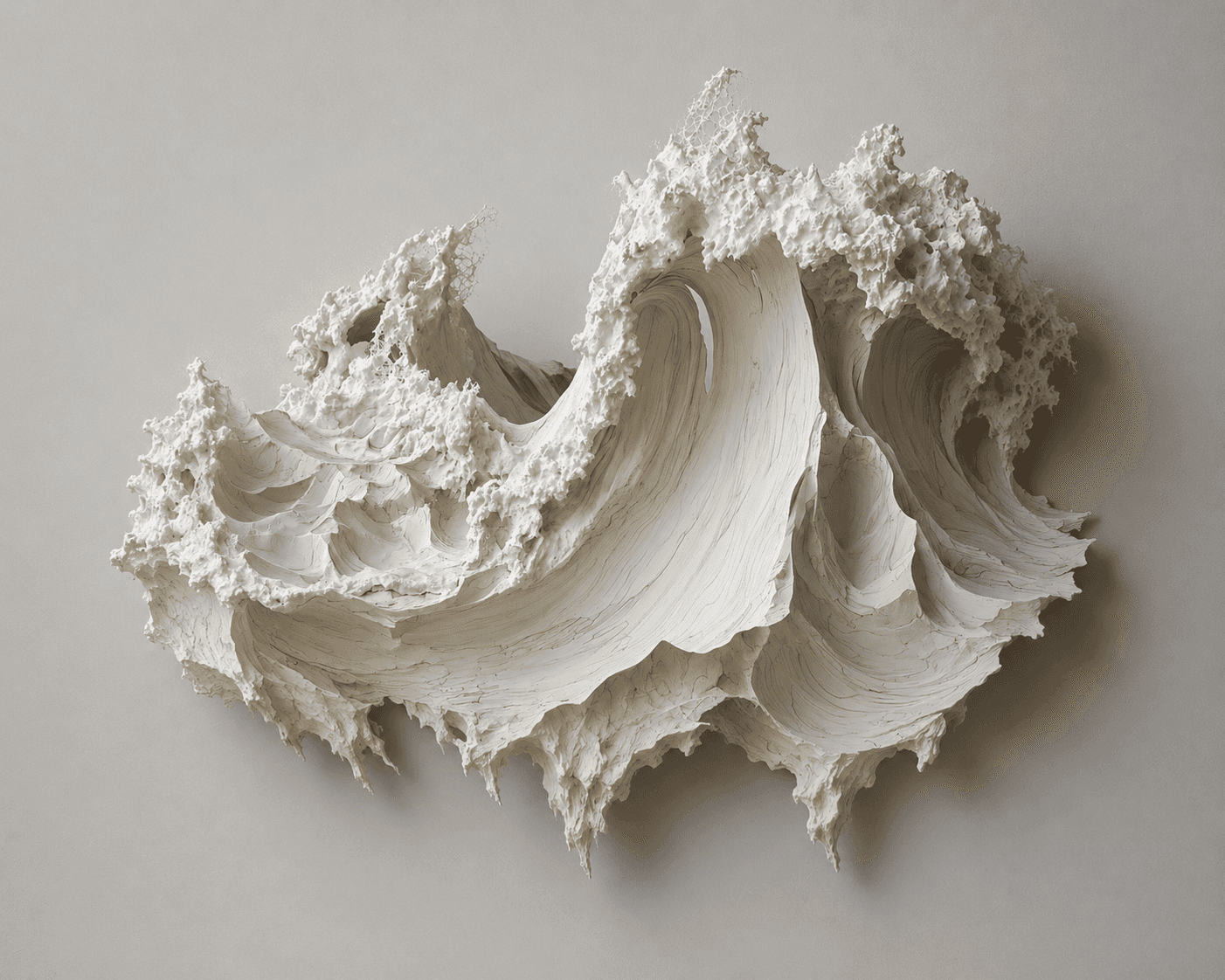 An abstract, organic sculpture featuring complex, wave-like forms and highly textured surfaces. The… — 3D model