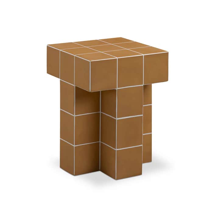 A square side table with a stepped design, constructed from stacked cubic modules. The top surface i… — 3D model