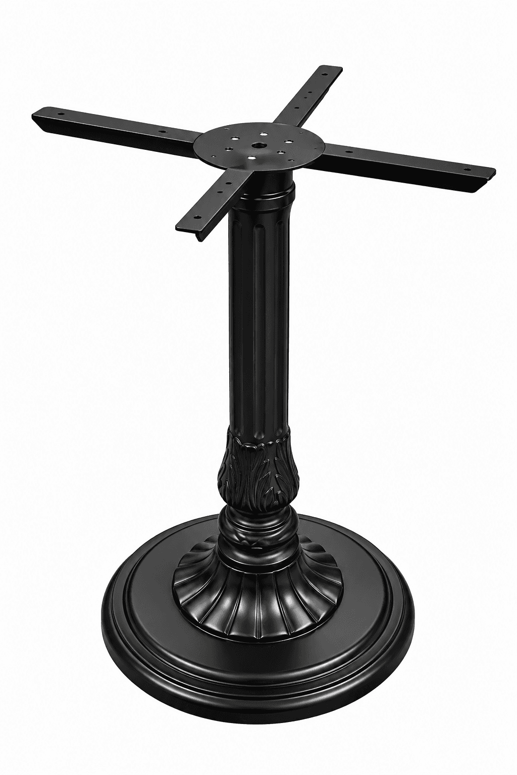 An ornate black table base, featuring a round, stable foot, a fluted pedestal column with acanthus l… — 3D model