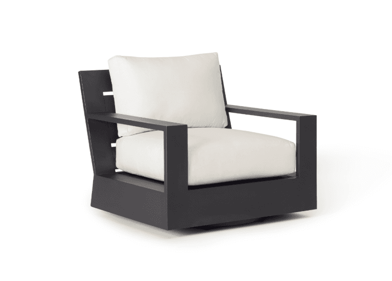 A contemporary outdoor swivel lounge chair featuring a robust, dark gray aluminum frame with clean l… — 3D model