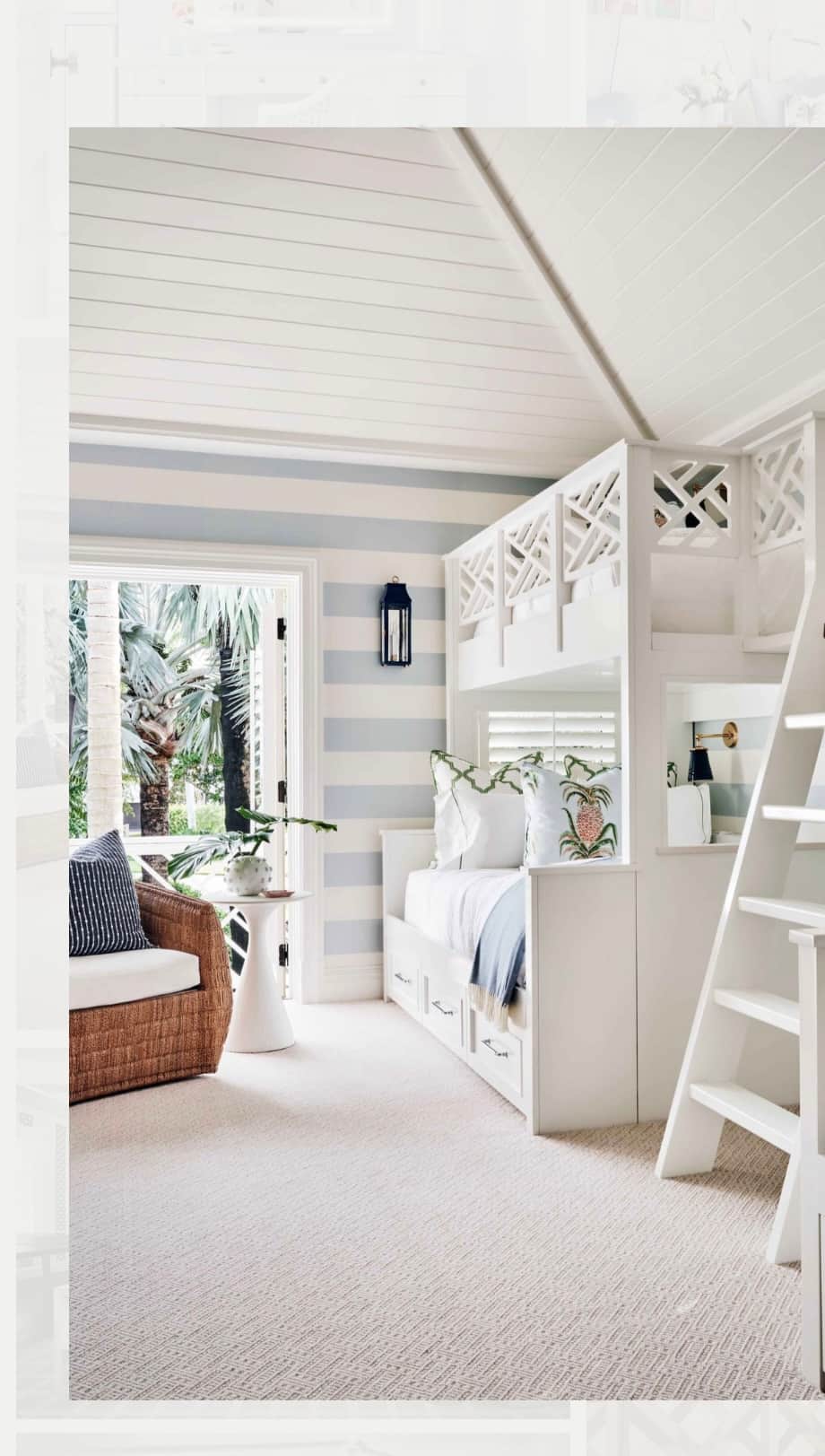 A white wooden full-over-twin bunk bed featuring a lower full-size bed and an upper twin-size bed. T… — 3D model