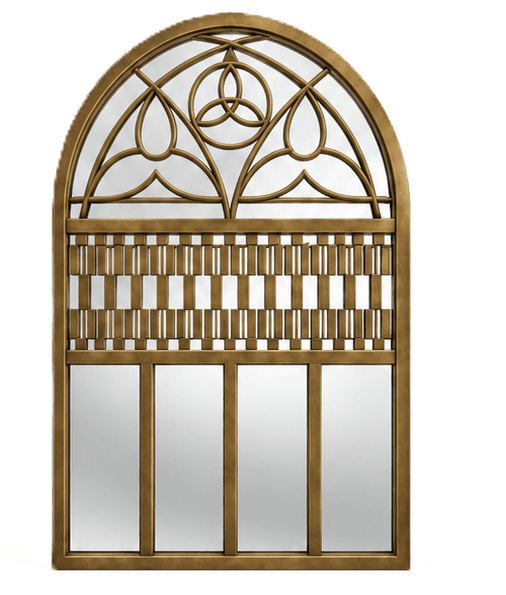 A large, arched wall mirror featuring an ornate brass frame. The top section showcases intricate, op… — 3D model