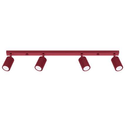 A modern, linear track lighting fixture featuring four adjustable cylindrical lamp heads in a vibran… — 3D model