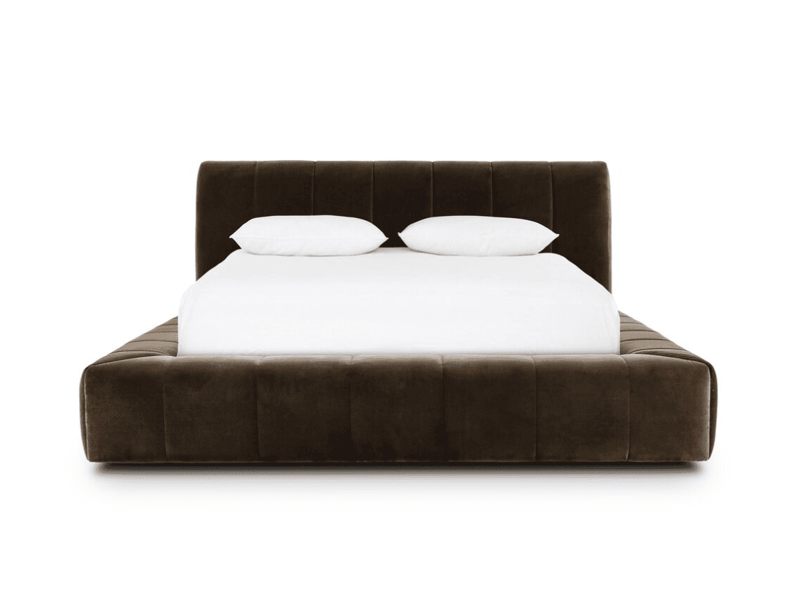 A modern platform bed featuring a low-profile design and complete upholstery in a dark brown velvet-… — 3D model