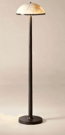 A standing lamp with a dark, slender pole and a domed, translucent lampshade. The lampshade features… — 3D model