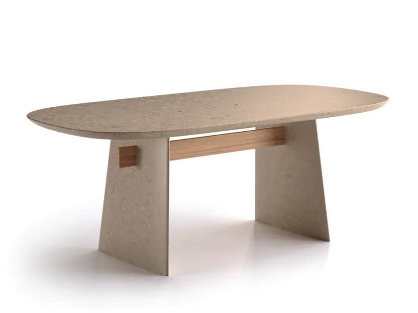 A modern dining table featuring an oval-shaped top made from a light-colored, speckled material rese… — 3D model
