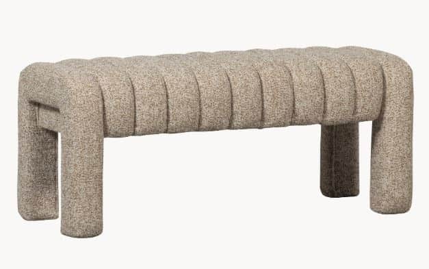 A modern upholstered bench featuring a distinctive channel-tufted design on its seating surface and… — 3D model
