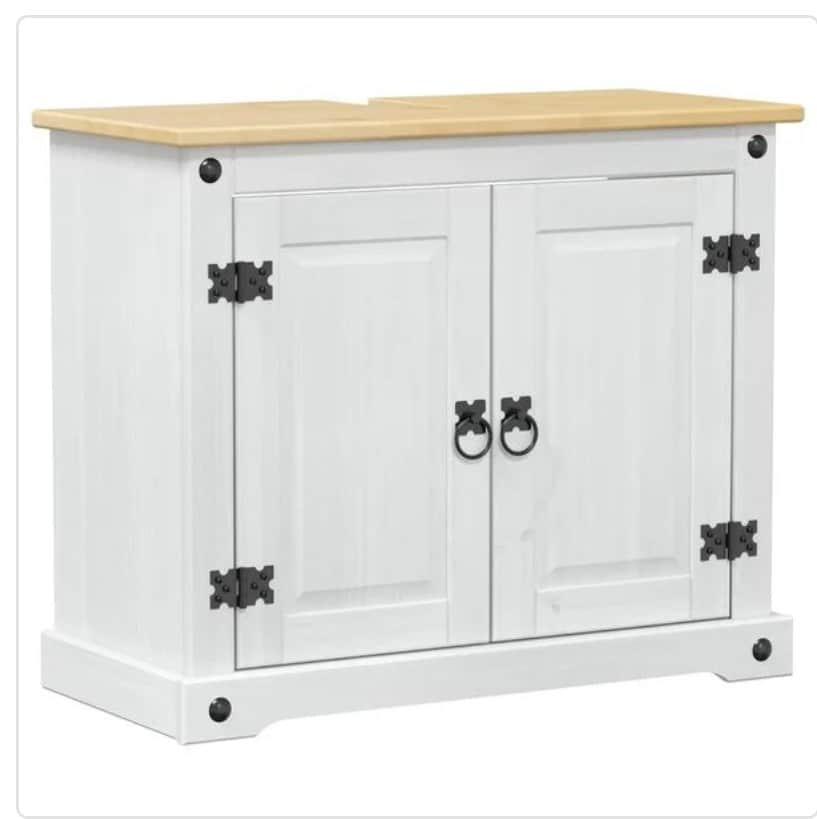 A white vanity unit with a light wood top. It features two cabinet doors with decorative black metal… — 3D model