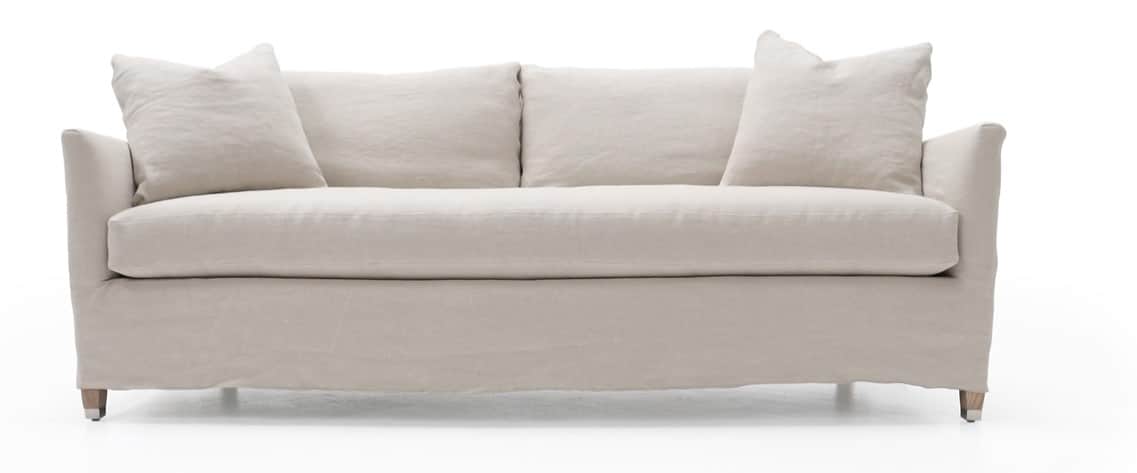 A sofa with a slipcover design, featuring a neutral-toned fabric. It has a straight back and armrest… — 3D model