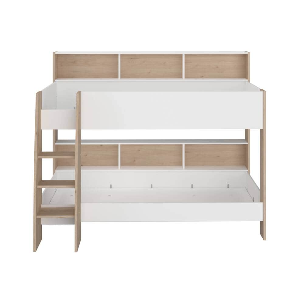 A white and light wood bunk bed with a ladder on the left side. The bunk bed features integrated she… — 3D model
