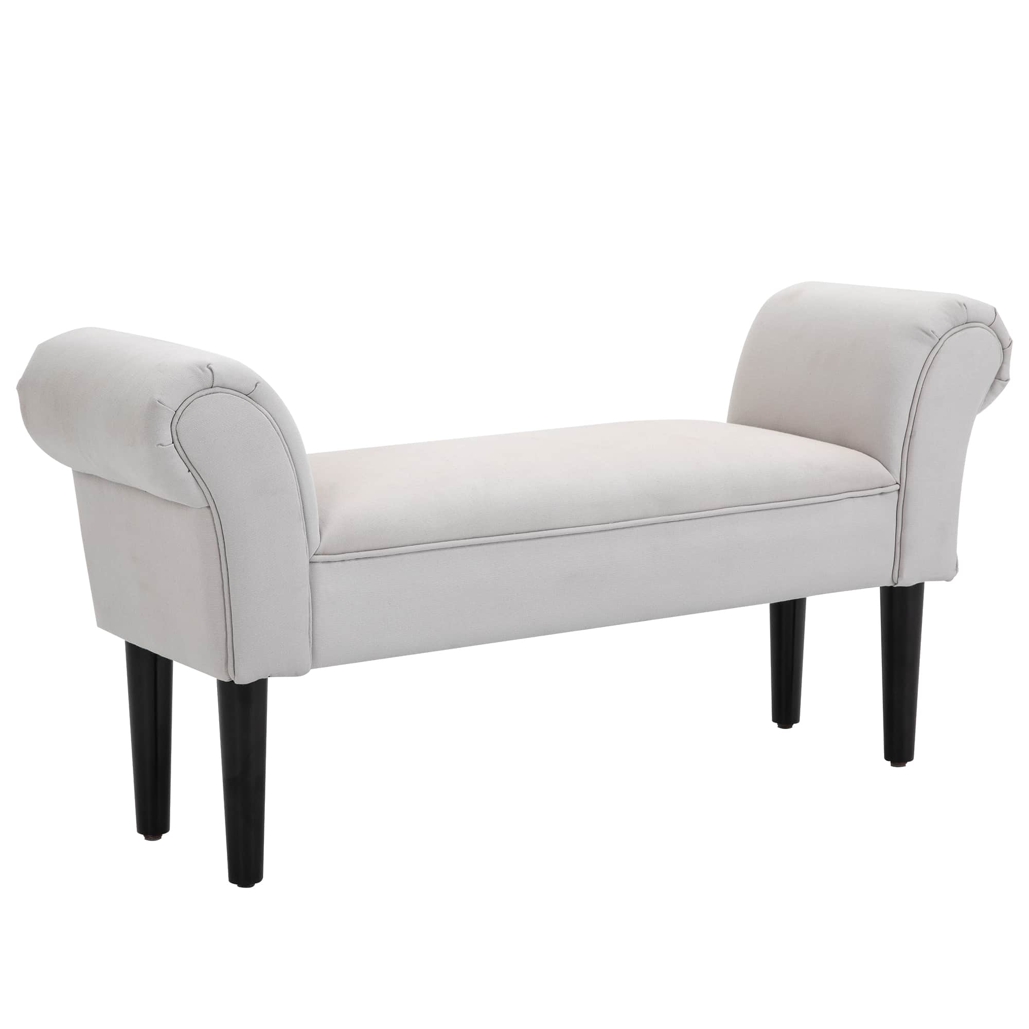 An upholstered bench featuring rolled armrests, a rectangular seat, and four tapered wooden legs. Th… — free STL 3D model