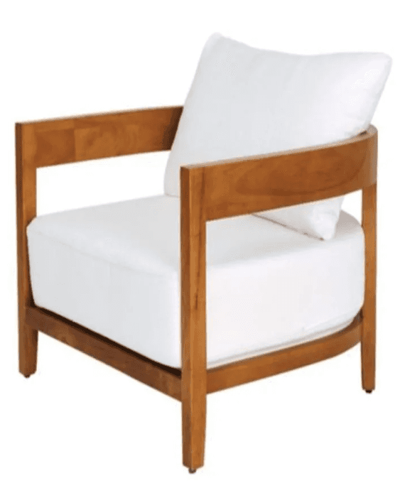 A modern armchair featuring an exposed solid wood frame with a warm brown finish, accommodating a th… — 3D model