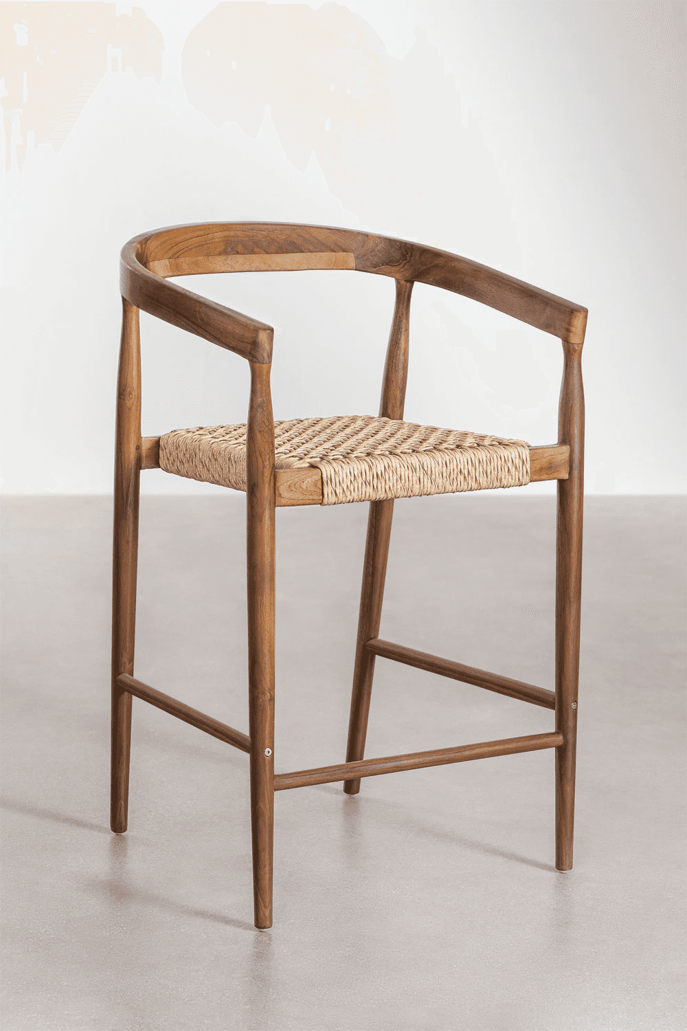 A wooden armchair with a curved backrest and armrests. The seat is made of woven natural fibers. The… — 3D model