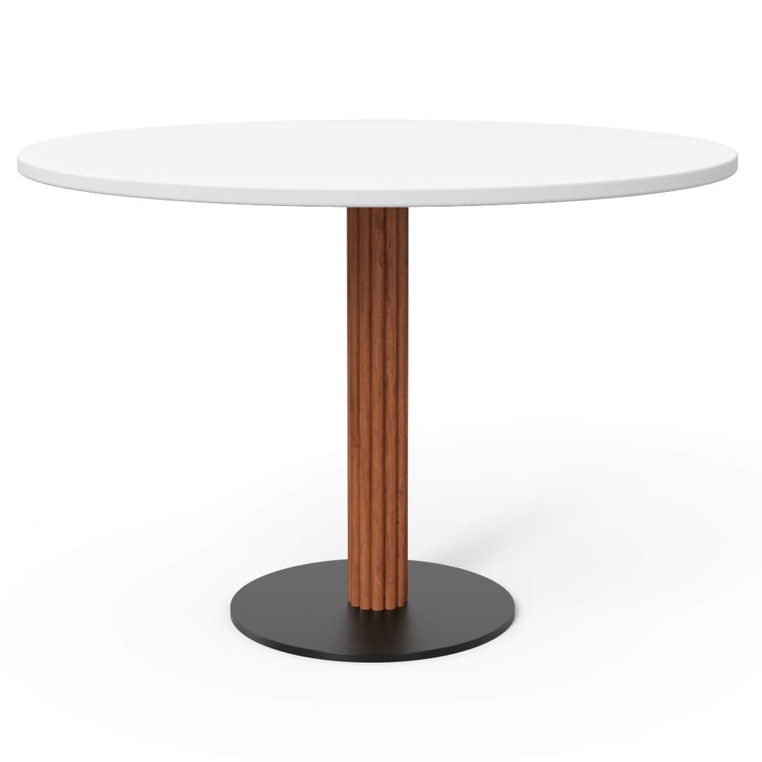 A modern dining table with a round, white tabletop supported by a central, fluted wooden pedestal. T… — 3D model