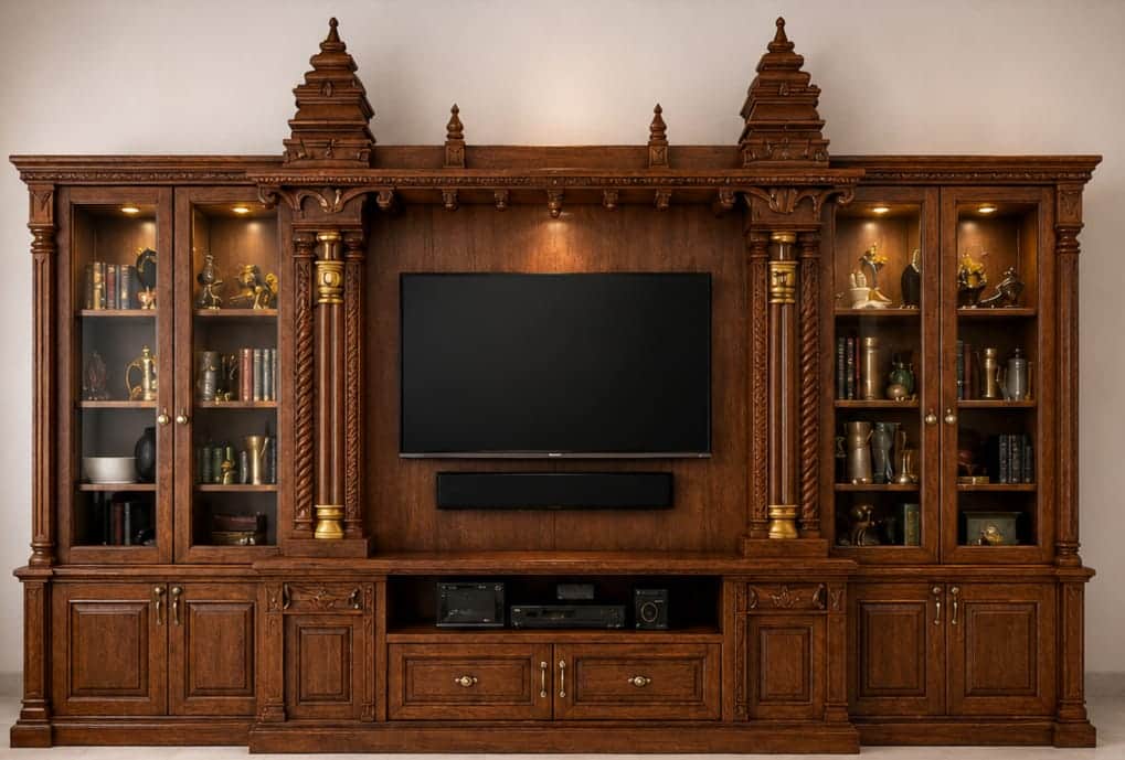 A large, ornate traditional entertainment wall unit crafted from dark-stained wood. It features a ce… — 3D model