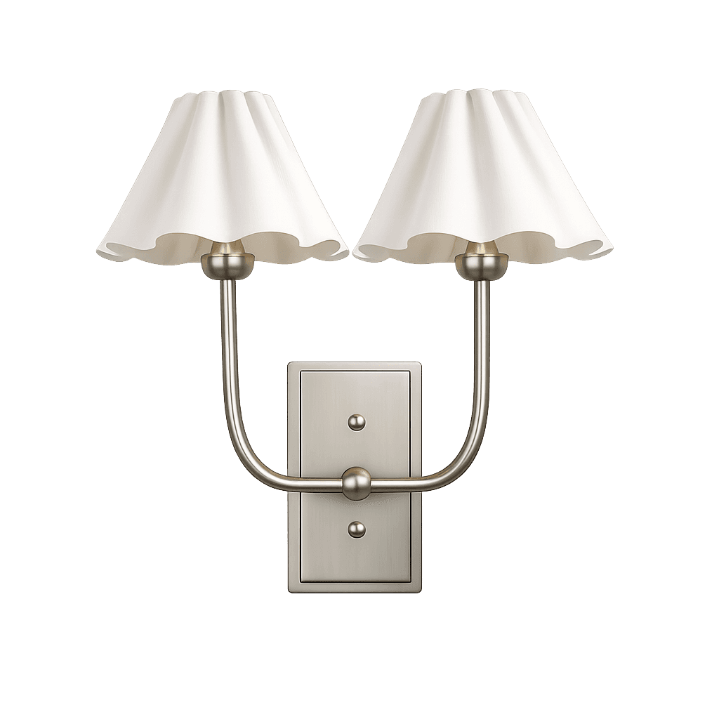 A dual-light wall sconce featuring two white fabric shades with ruffled edges, mounted on a brushed… — 3D model