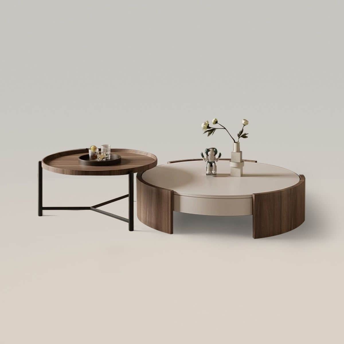 A set of two round coffee tables, one smaller and taller with a dark wood finish and black metal leg… — free GLB 3D model