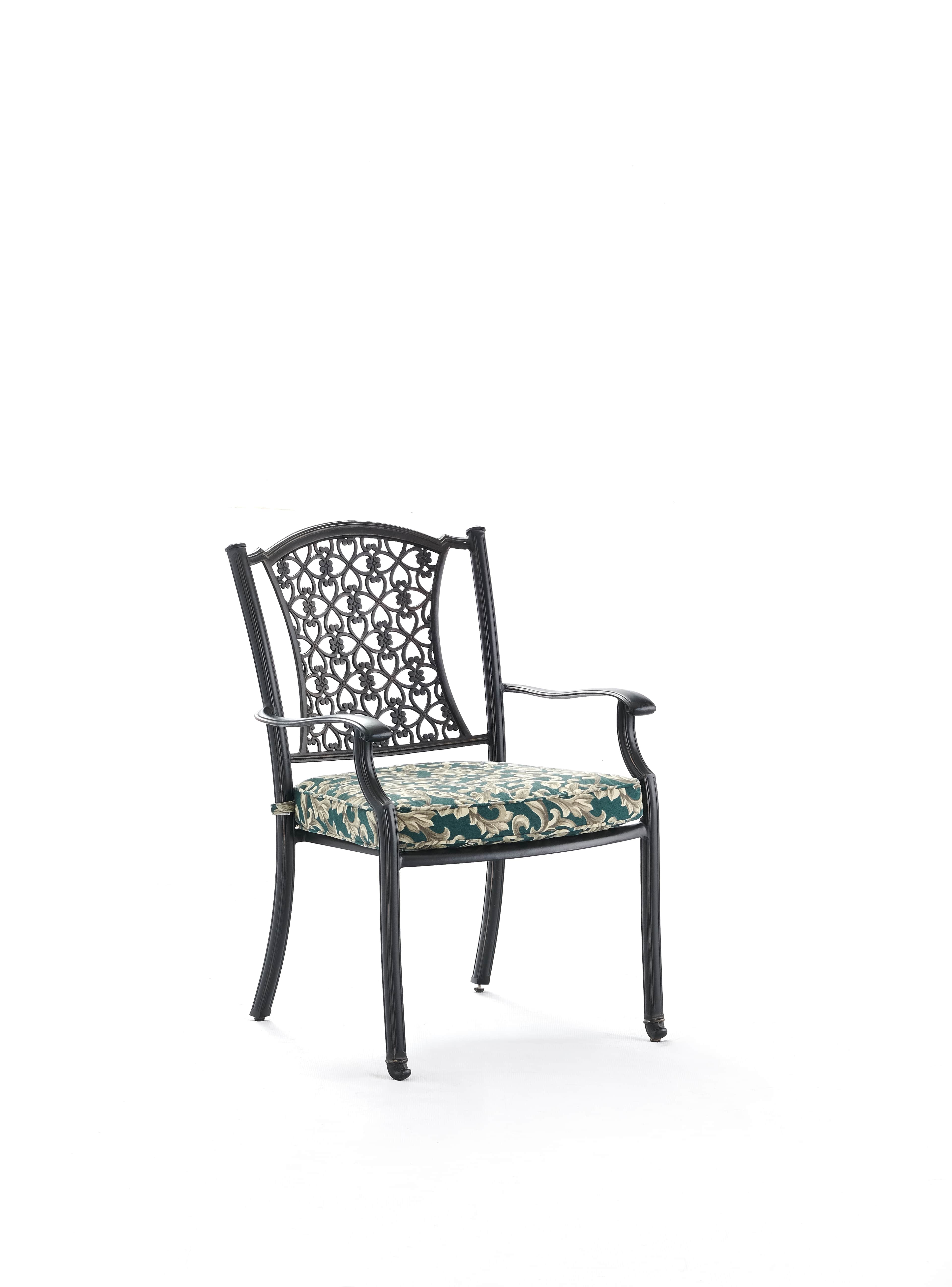 A dark-toned cast aluminum outdoor armchair with an ornate openwork backrest and armrests, featuring… — 3D model