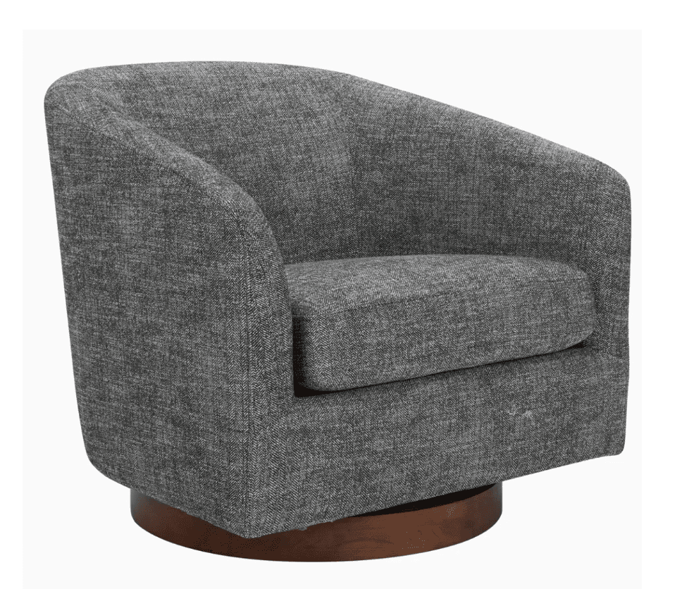 An upholstered barrel chair with a rounded back and integrated arms, featuring a textured grey fabri… — 3D model