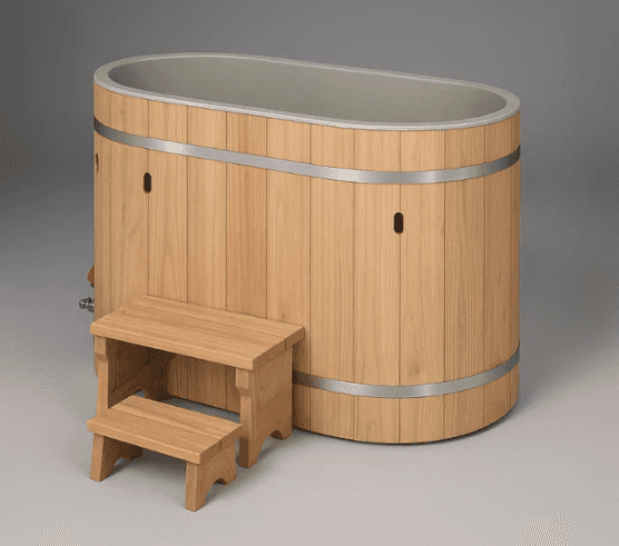An oval-shaped bathtub with vertical wooden planks forming the exterior walls, reinforced by two hor… — free OBJ 3D model