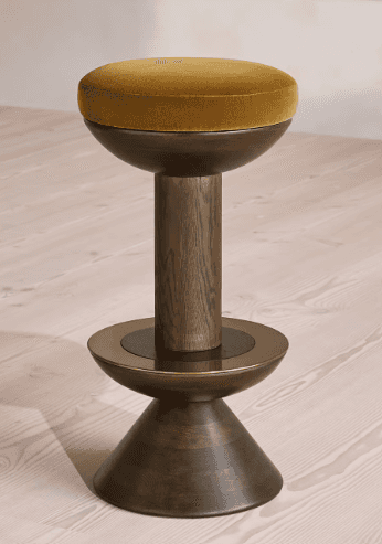 A contemporary bar stool featuring a round, thickly padded seat upholstered in gold/ochre velvet. Th… — 3D model