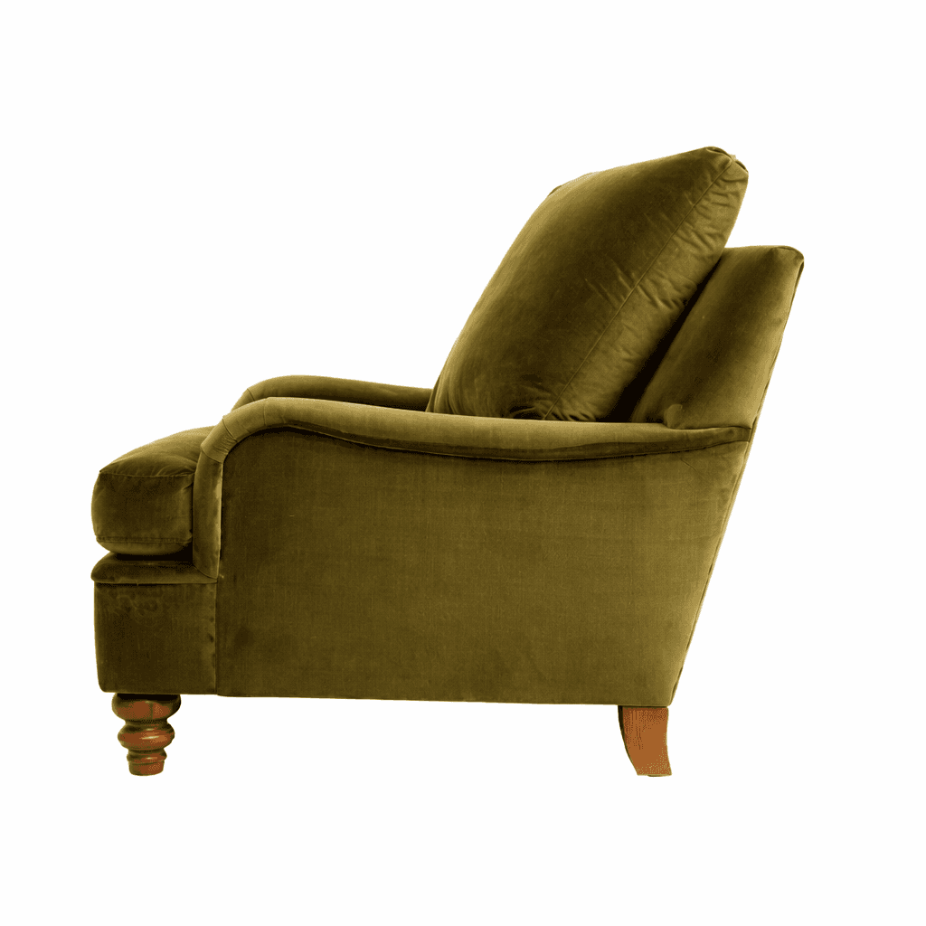 A comfortable armchair upholstered in a textured, olive-green velvet fabric. The armchair features a… — free OBJ 3D model