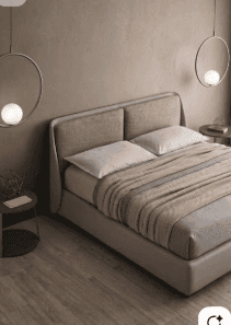 A modern platform bed with a fully upholstered frame and a distinct two-panel headboard. The bed is… — free SKP 3D model