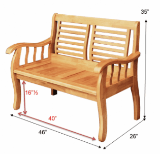 A natural light-colored wooden two-seater bench featuring a slatted backrest and seat, with gently c… — 3D model