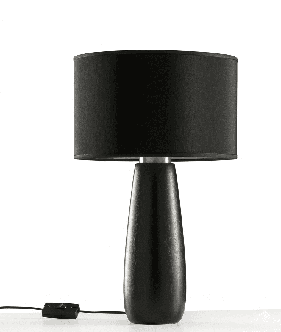 A modern table lamp featuring a cylindrical black fabric drum shade atop a sleek, tapered base made… — 3D model