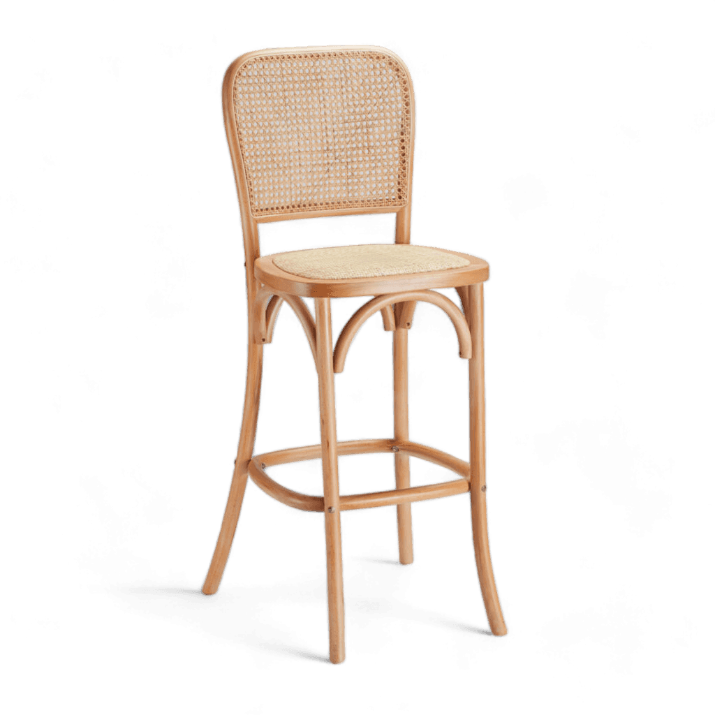 A light wood bar stool featuring a bentwood frame, a rounded backrest with natural cane weaving, and… — 3D model