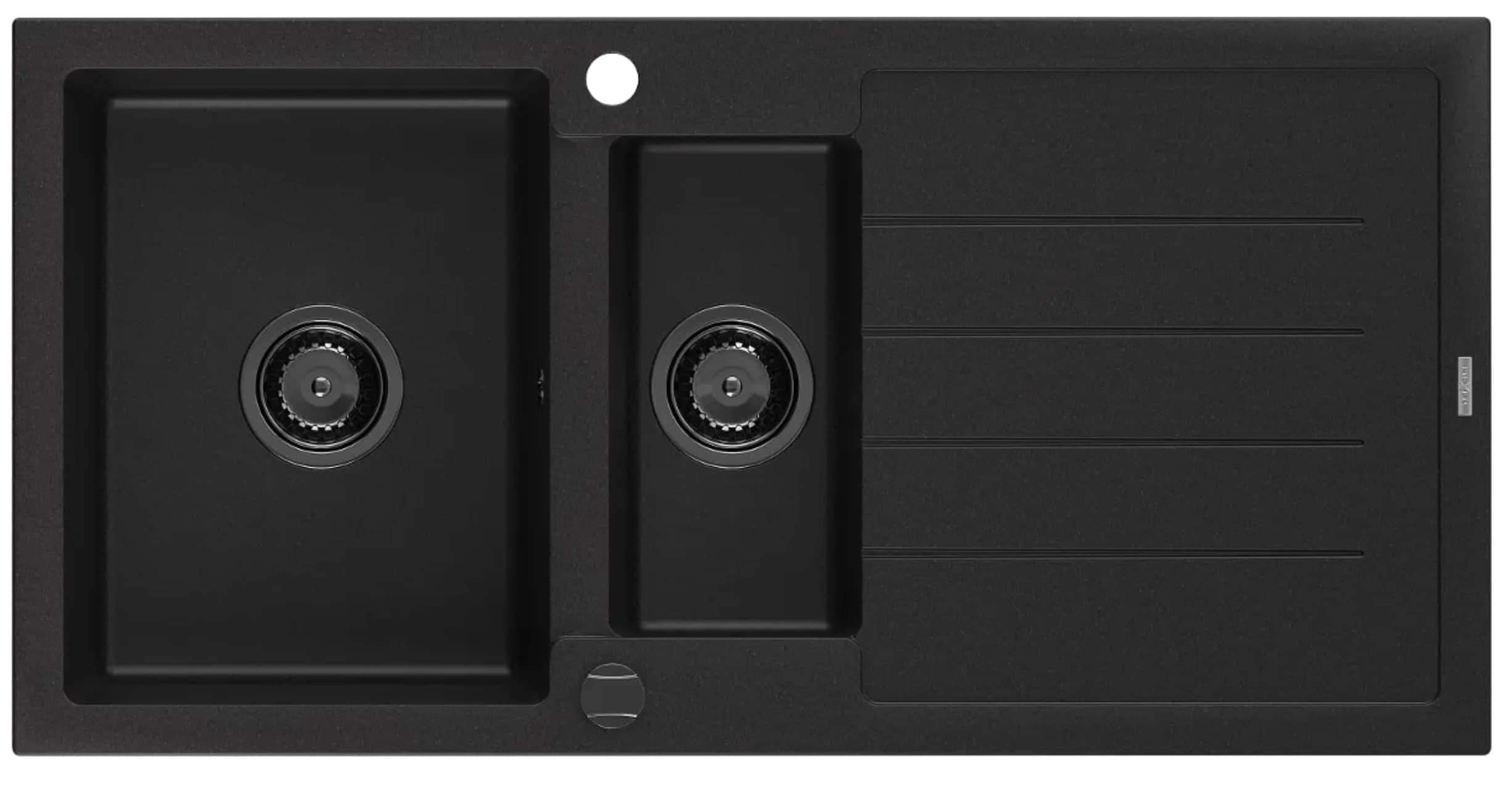 A rectangular black composite granite kitchen sink with a dual basin configuration. The larger basin… — 3D model