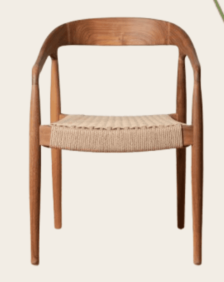 A wooden armchair with a woven seat and a curved backrest. The chair has four tapered legs and armre… — 3D model