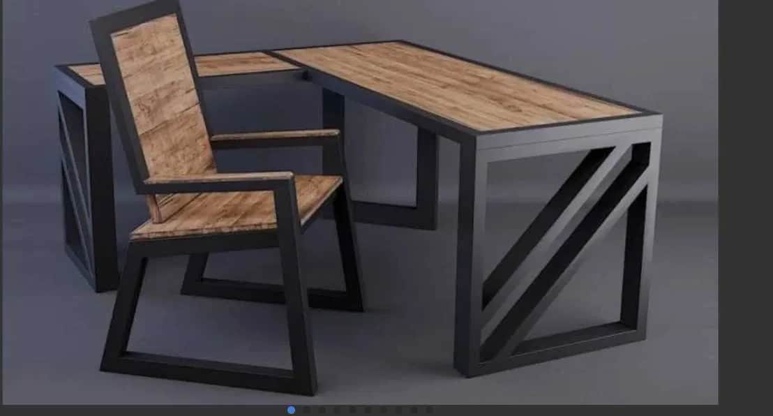 An L-shaped desk featuring a light wood-look laminate top and a black metal frame. The frame has a d… — 3D model