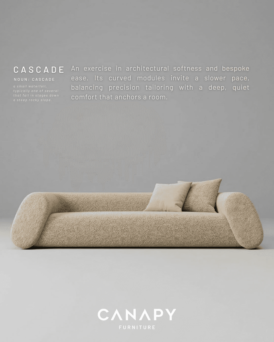 A long, low-profile sofa with rounded edges, upholstered in a light beige, textured fabric, accompan… — 3D model