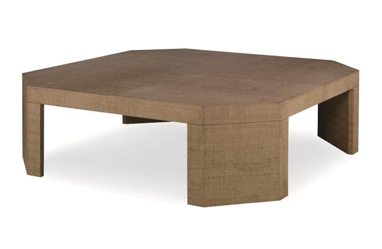 A low-profile, octagonal coffee table entirely covered in a textured, natural-toned grasscloth mater… — 3D model