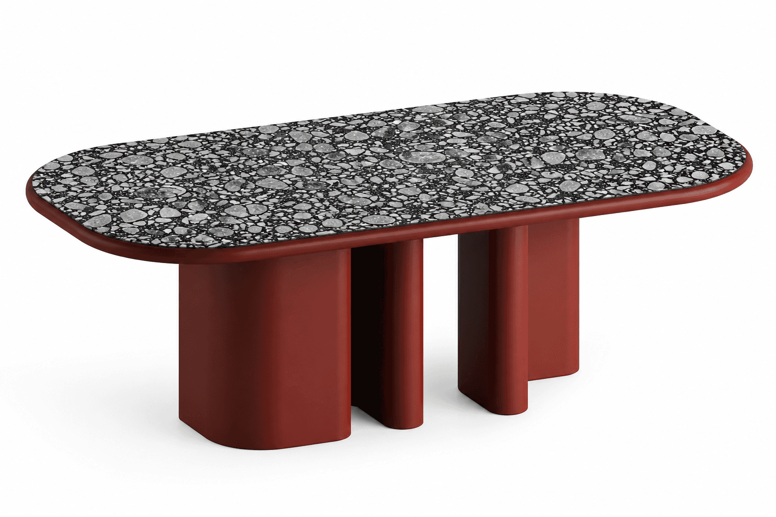 A console table with a rounded rectangular tabletop and two arched, cylindrical legs. The tabletop h… — 3D model