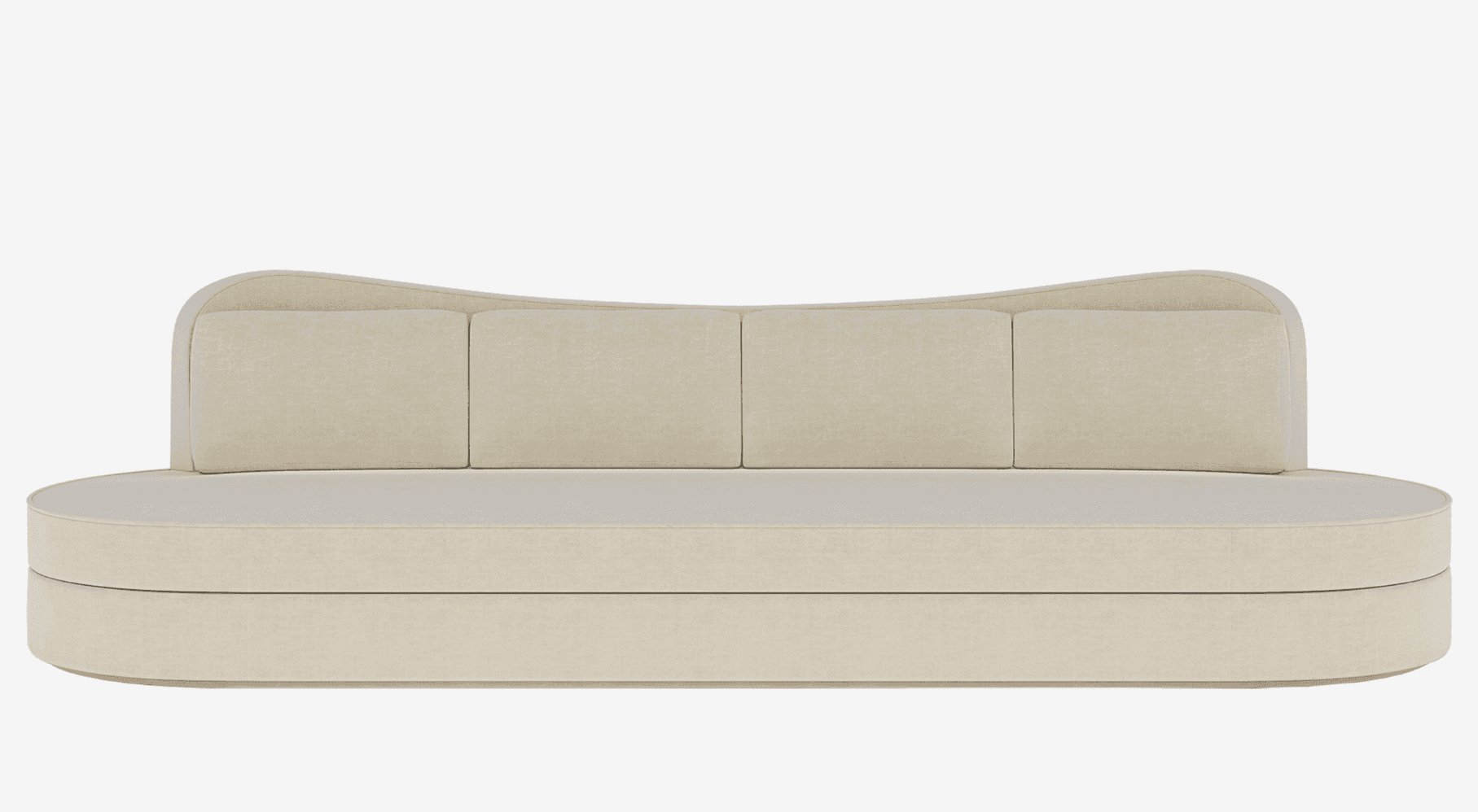 A contemporary sofa with a curved silhouette and upholstered in a textured, light-colored fabric. It… — 3D model