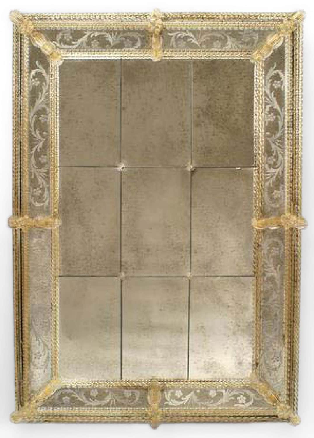 A rectangular mirror with a multi-paneled reflective surface and an ornate, gilded frame. The frame… — free GLB 3D model