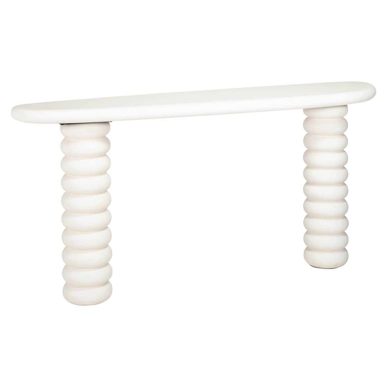 A white console table with an oval-shaped top and two cylindrical legs. The legs are composed of sta… — 3D model