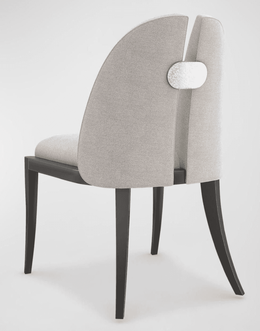 A contemporary dining chair featuring a light gray upholstered seat and a distinctive curved, split… — 3D model