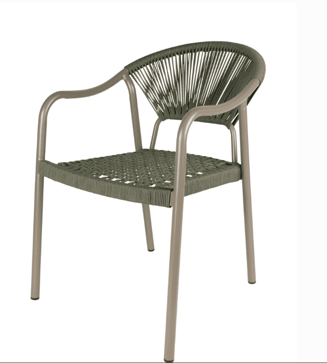 A modern armchair featuring a robust metal frame and intricate olive green woven cord detailing for… — free OBJ 3D model