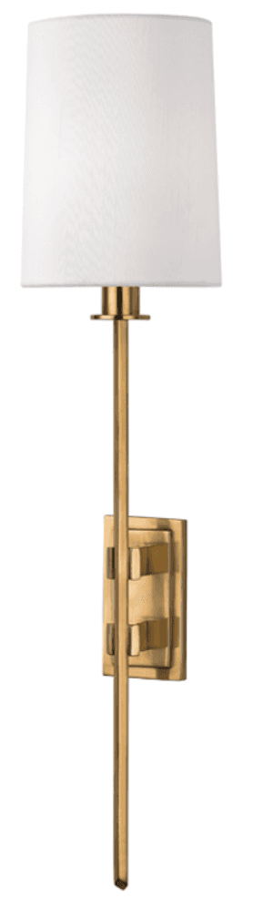 A modern wall-mounted lighting fixture featuring a polished brass finish and a white cylindrical fab… — 3D model