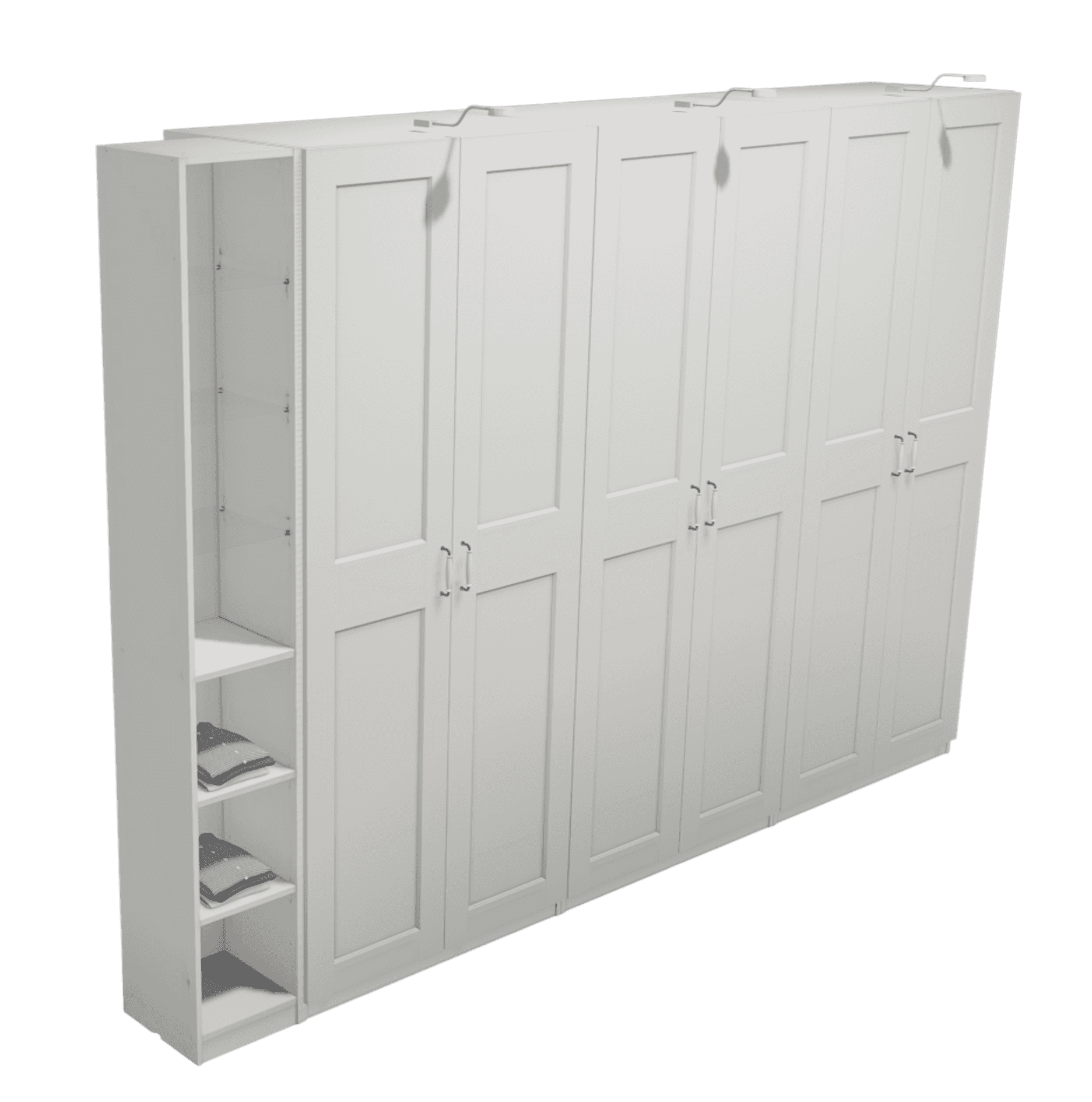 A large, white modular storage system consisting of multiple double-door wardrobe units and an open… — 3D model