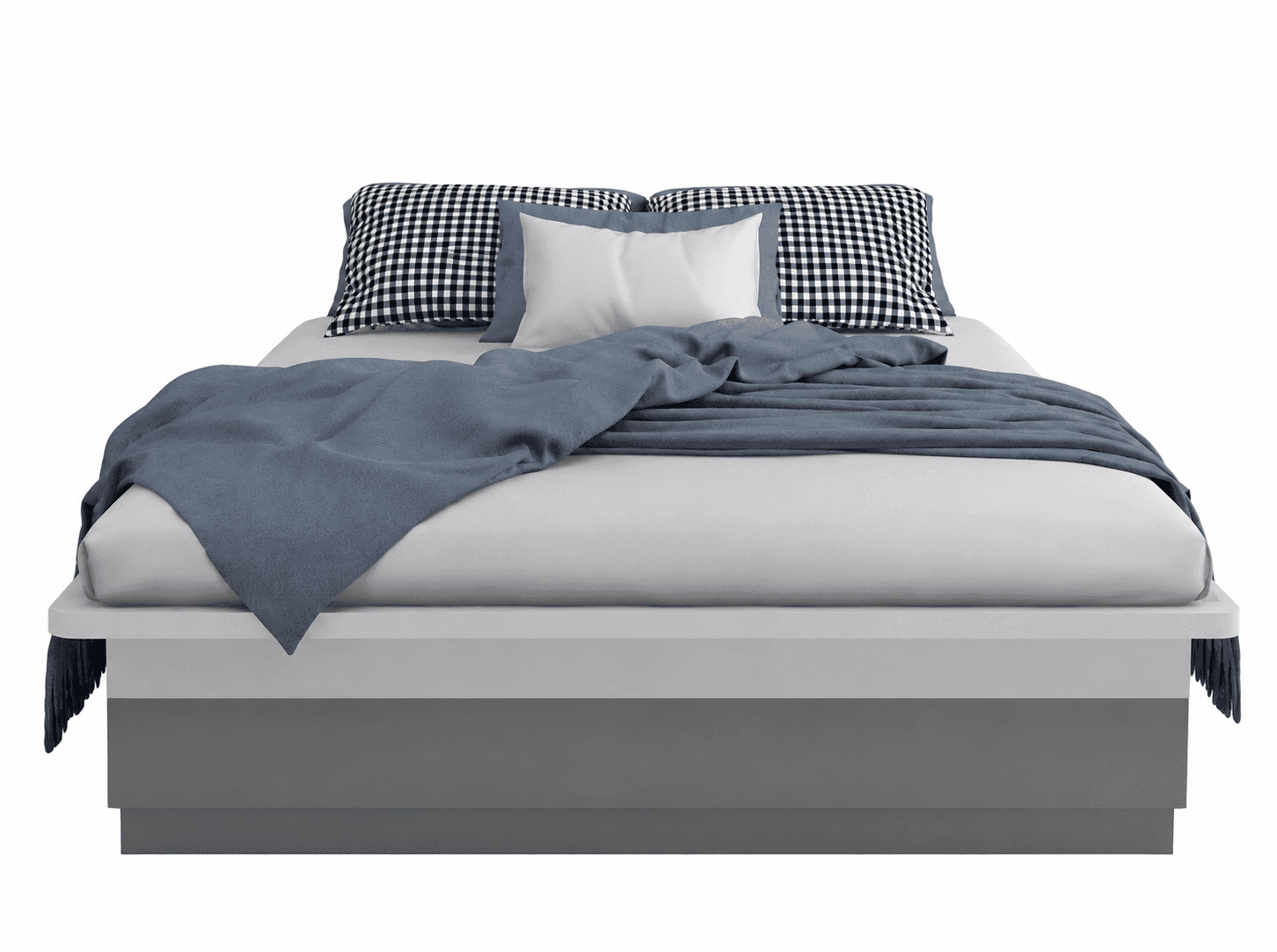 A modern, low-profile platform bed featuring a simple, box-like base in a dark grey finish. A light… — free BLEND 3D model