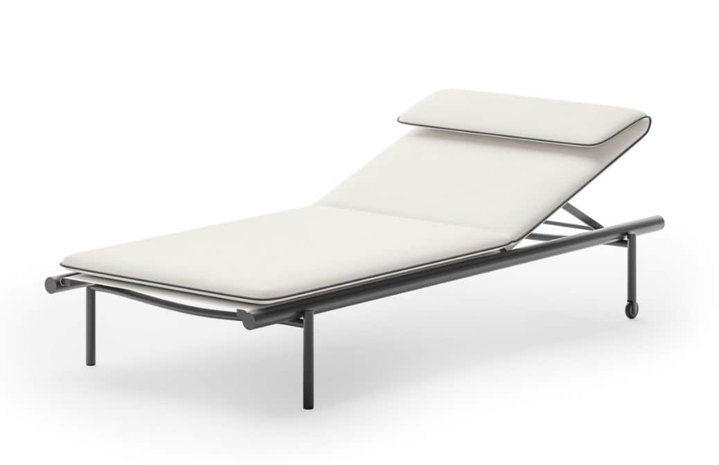 A modern chaise lounge with a sleek, minimalist design. It features a thin, rectangular frame suppor… — 3D model