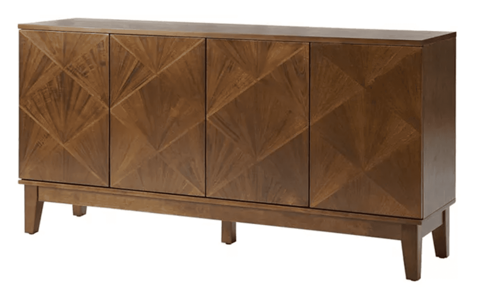 A long, rectangular wooden sideboard featuring four cabinet doors with a distinctive geometric radia… — 3D model