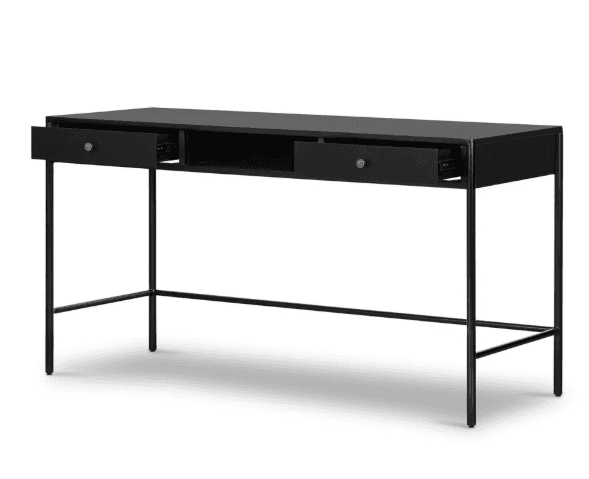 A modern black desk featuring a rectangular top with integrated storage, supported by a slim black m… — 3D model