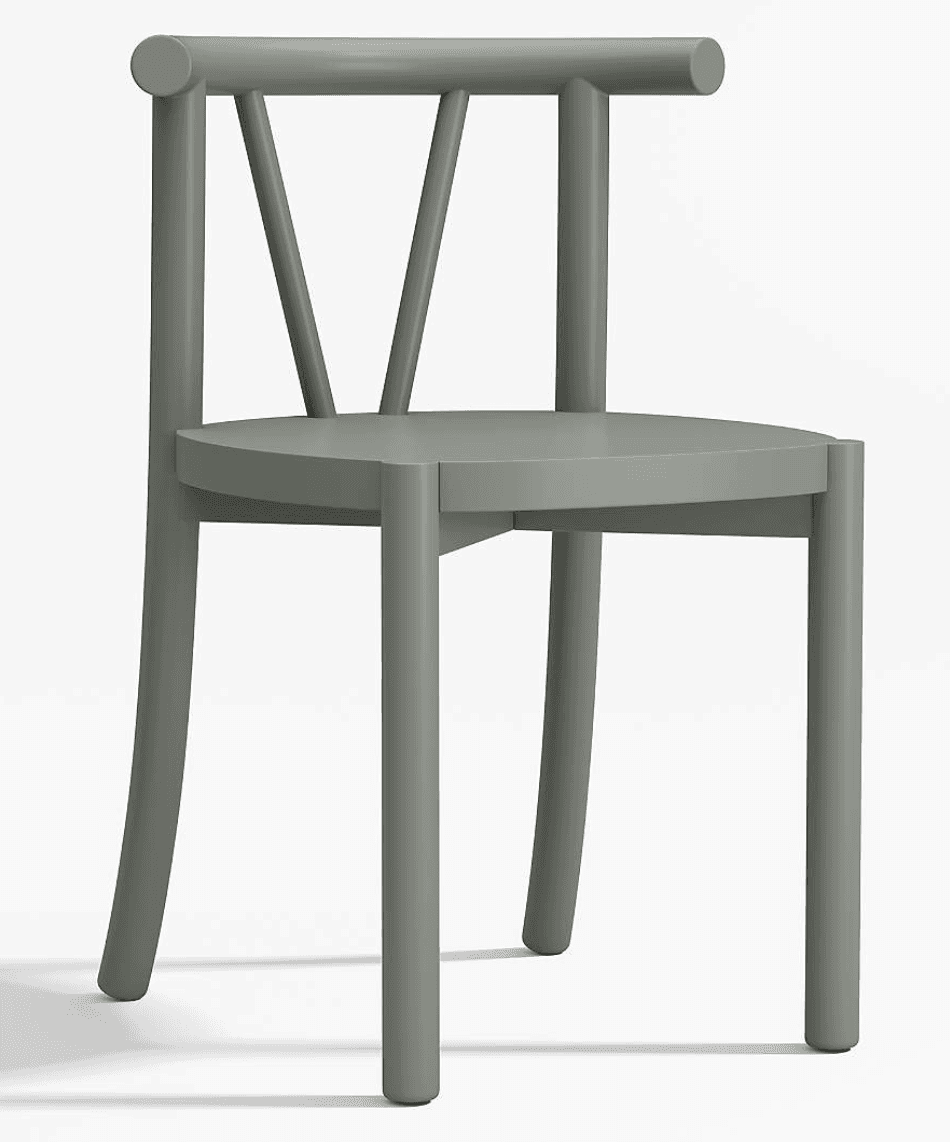 A minimalist grey chair with a flat seat and a backrest featuring a horizontal top rail supported by… — 3D model
